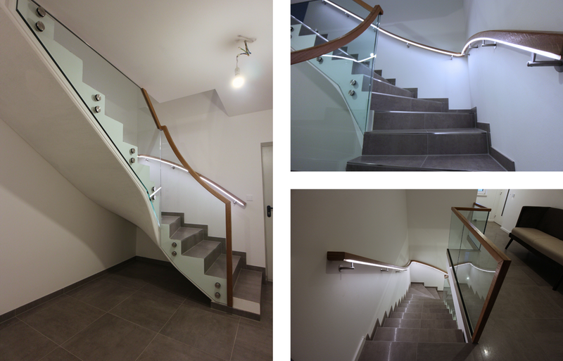 das Ganzglasgeländer: an der Treppe mit Punkthaltern und auf der Galerie mit Bodenprofil   Bildquelle: GRÄFE