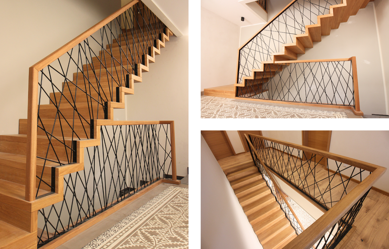 Faltwerktreppe in Eiche mit kreuz und quer gestäbtem Geländer im X-Design    Bildquelle: GRÄFE