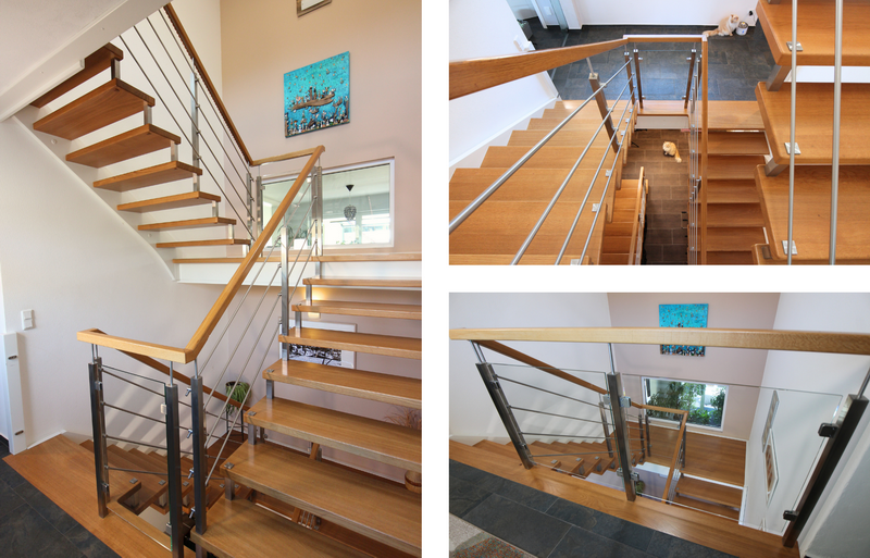 innen gebolzte Podesttreppe mit weissen Wangen und Edelstahl-Glas-kombiniertem Geländer    Bildquelle: GRÄFE