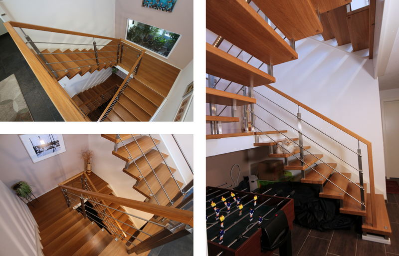 Podesttreppe mit Stufen in Eiche, weissen Wangen, vierkantigem Edelstahl und Glas    Bildquelle: GRÄFE