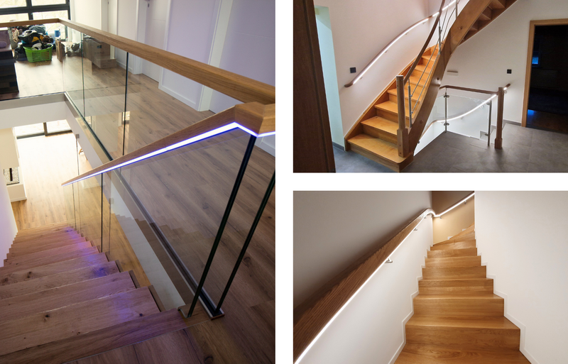 Treppenbeleuchtung im Handlauf - an der Wand und im Ganzglasgeländer   Bildquelle: GRÄFE